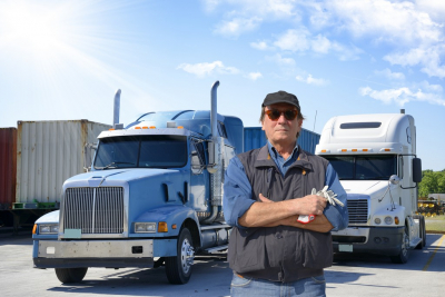 man standing with trucks at the background